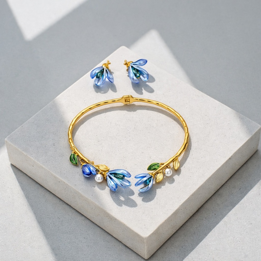 Blue Floral Crystal Set: Earrings and Necklace - Picture 3 of 8